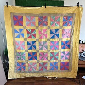 Antique Handmade Quilted Blanket 75x78 Patchwork PinWheel Quilt Patch Pin Wheel